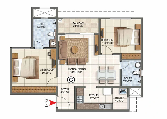 Prestige Lakeside Habitat 2 BHK Floor Plan