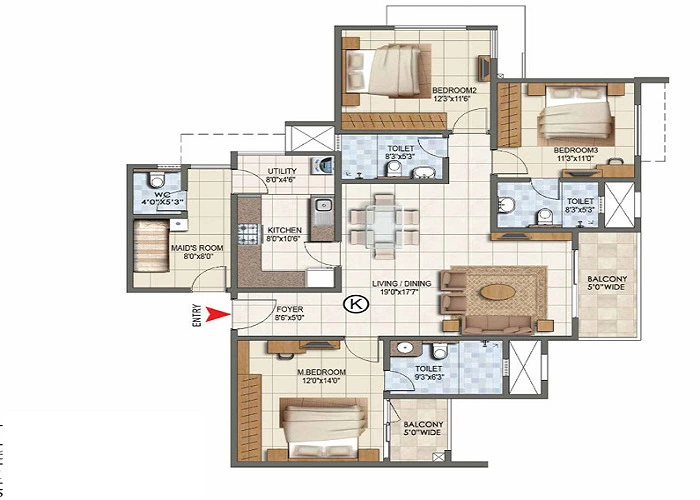 Prestige Lakeside Habitat 2.5 BHK Floor Plan